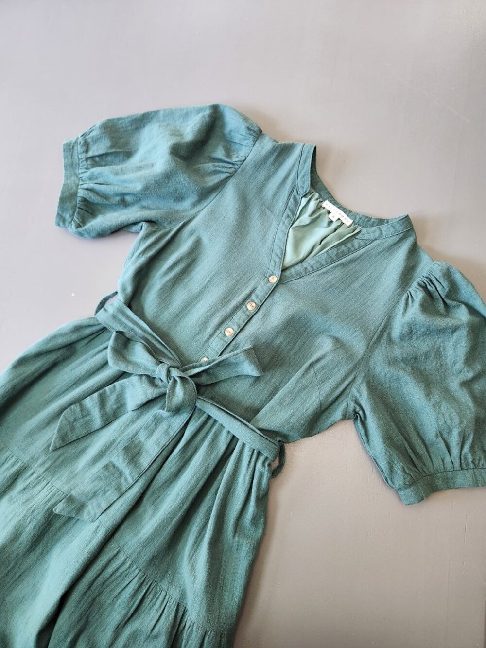 Baltic Born Camille Tiered Maxi Dress Small Button Front Tie Peasant Puff Sleeve